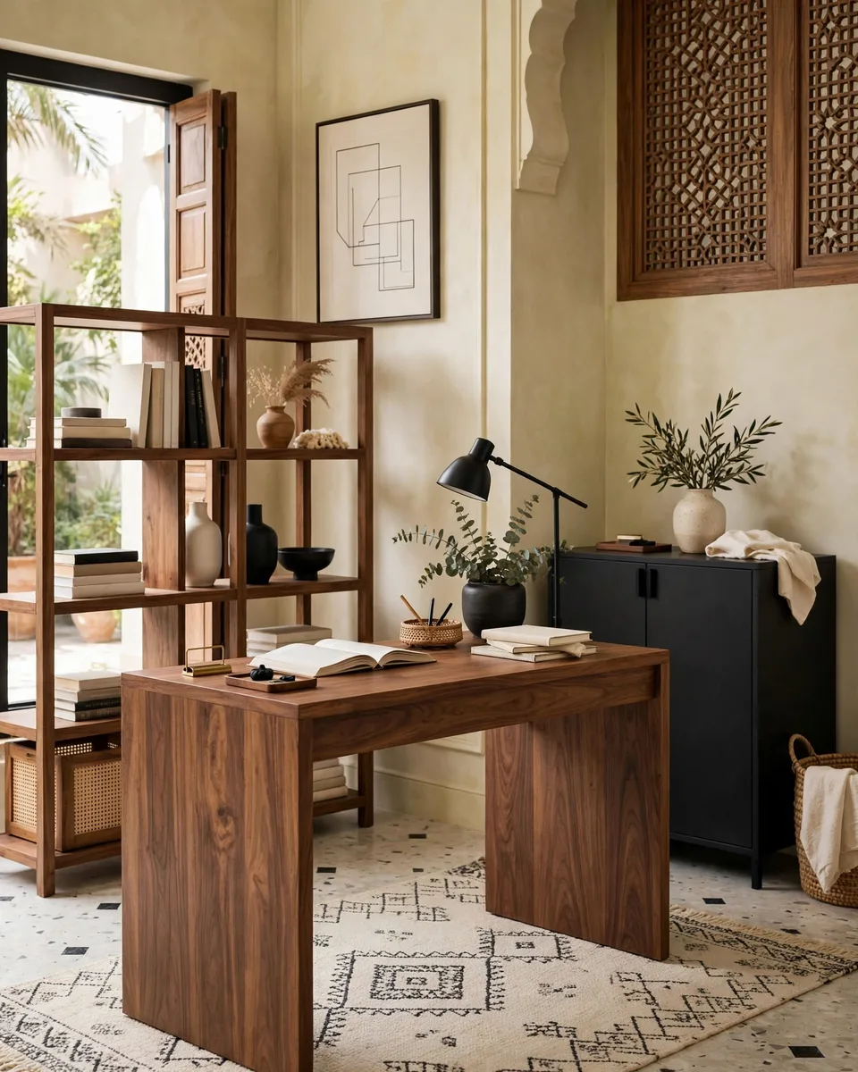 Home office with a walnut desk and storage