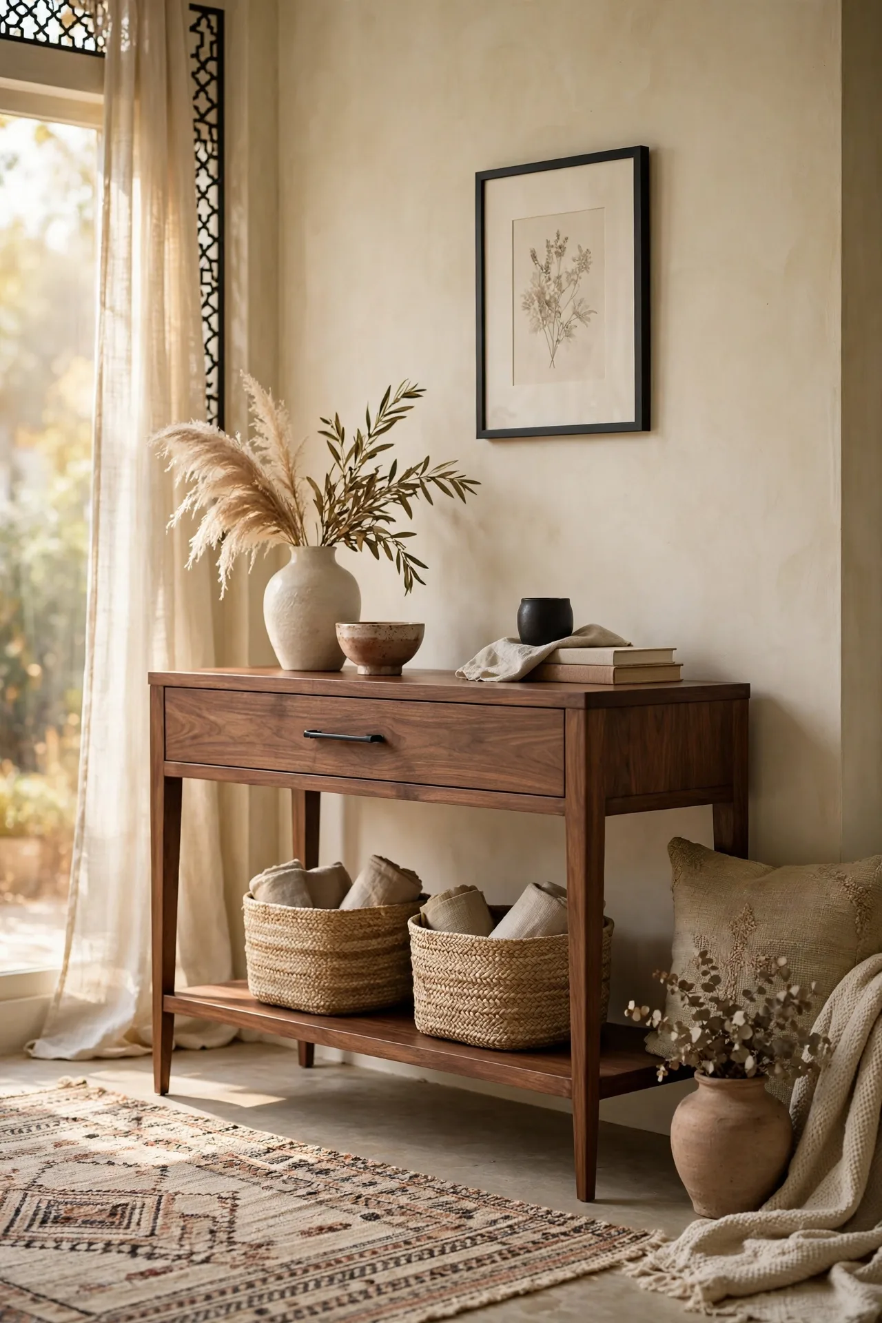 Walnut console table styled in a sunlit entryway