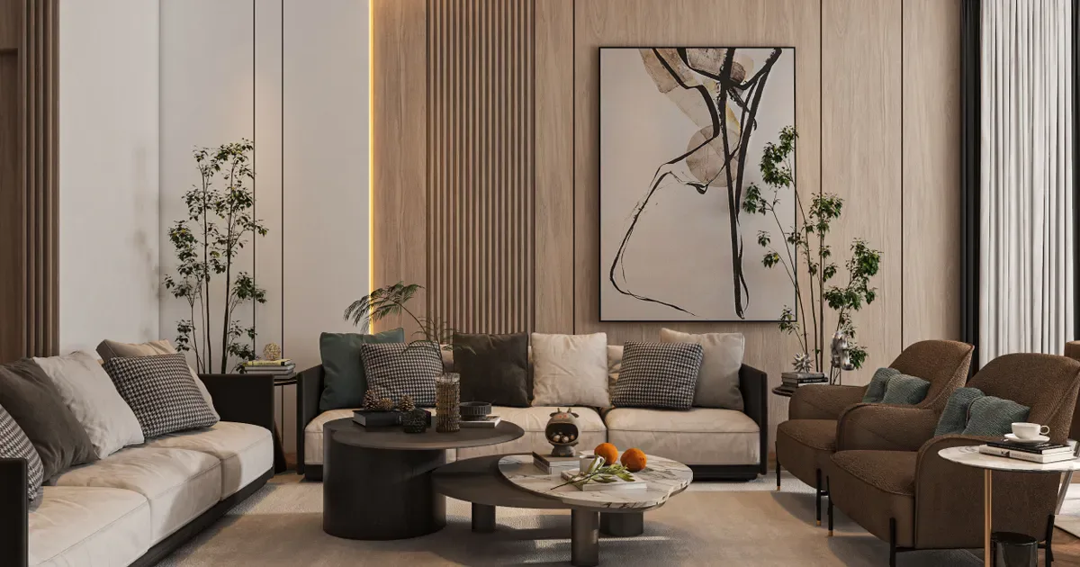 Warm living room with wooden furniture and neutral upholstery